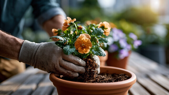 Hands in garden gloves carefully pressing the root ball of a small blooming pansy into a terracotta pot filled with fresh potting mix, brilliant midday sun washing over the scene,