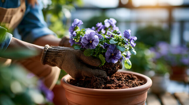 Hands in garden gloves carefully pressing the root ball of a small blooming pansy into a terracotta pot filled with fresh potting mix, brilliant midday sun washing over the scene,