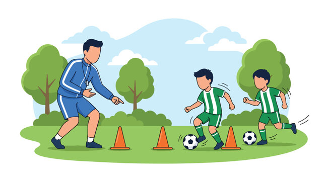 Flat vector illustration of children practicing soccer dribbling drills with cones and coach supervision during outdoor football training sessions