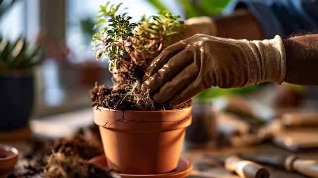 A gloved hand gently tapping the base of a terracotta pot in bright morning sunlight to loosen a root-bound plant, fine cracks of soil visible beginning to separate inside, warm