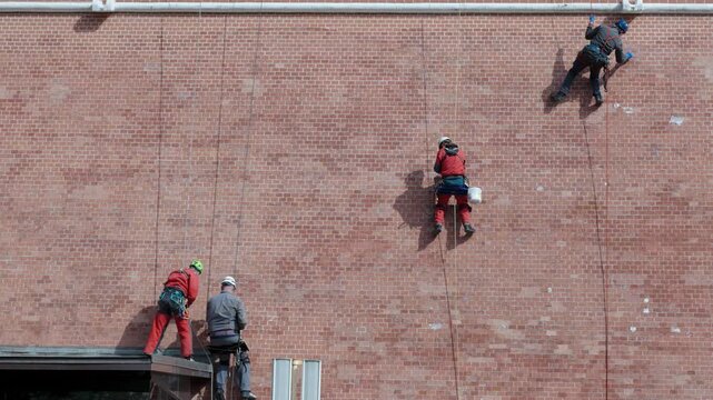 Three Workers Scaling Red Brick Wall, Ropeaccess Technicians Repair Mortar Joints On Urban Building, Wearing Helmets And Harnesses, Supervisor