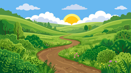 Fototapeta premium A serene landscape of a winding road through green hills at sunrise