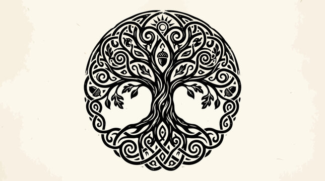 A detailed illustration of a tree with swirling patterns, roots, and leaves on a beige background.