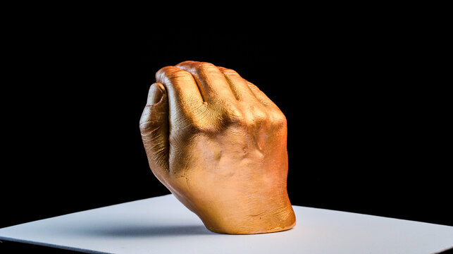 Golden clenched fist sculpture on a white base against a black background. Detailed metallic texture, symbolic of strength and power. High-contrast artistic photography.