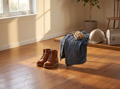 Work boots and hard hat with denim jacket in sunlit empty room