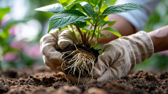 Linen-gloved hands gently loosening the compact root system of a hydrangea seedling in bright natural light, delicate pale roots clearly visible against the dark soil, freshly