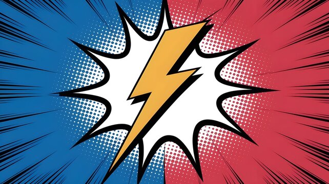 Yellow lightning bolt graphic design on a split comic background