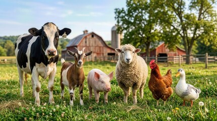 Fototapeta premium Group of farm animals including cow, goat, pig, sheep, chicken, and duck standing together in a green pasture with a rustic barn in the background