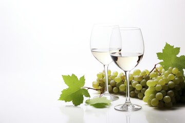 Obraz premium Two glasses containing white wine sit next to fresh green grapes and leaves
