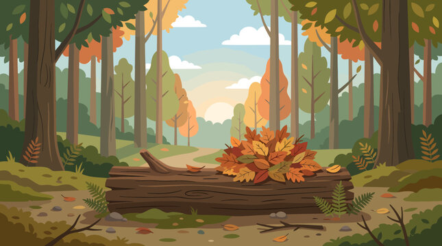 A fallen log lies on forest floor surrounded by trees and autumn leaves at sunrise