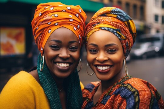 Two smiling african women wearing vibrant headwraps and jewelry, enjoying friendship on a city street