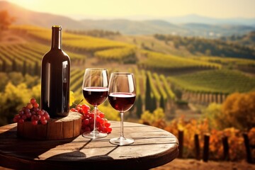 Obraz premium Red wine bottle and glasses with grapes on a wooden table, overlooking a vibrant vineyard landscape