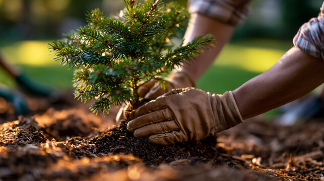 Close-up of gloved hands pressing firmly around the base of a freshly planted compact evergreen sapling in mulched soil under strong afternoon sunlight, mulch surface warm and