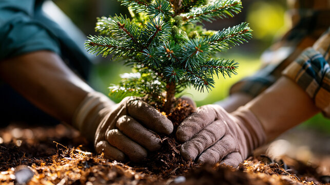 Close-up of gloved hands pressing firmly around the base of a freshly planted compact evergreen sapling in mulched soil under strong afternoon sunlight, mulch surface warm and