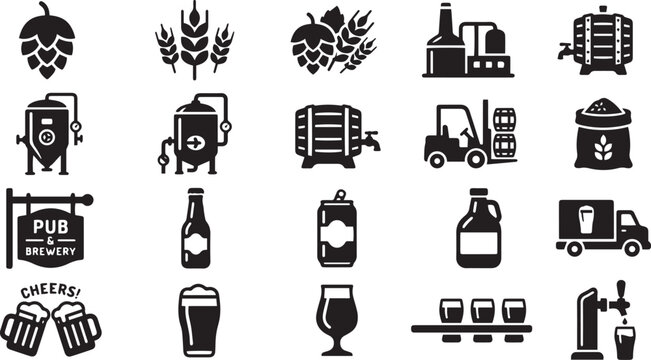 Brewery and Craft Beer Industry Icon Set, Black Solid Vector Icons for Beer Production, Pub Branding, Alcohol Manufacturing, and Beverage Distribution