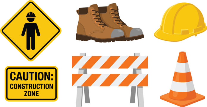 Construction safety equipment icons, hard hat boots warning signs barricade traffic cone vector illustration for industrial work zones