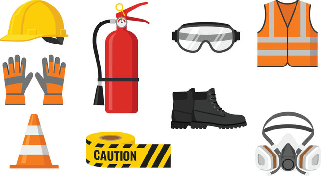 Construction safety equipment set with helmet, gloves, fire extinguisher, goggles, vest, boots, respirator, cone and caution tape for workers protection
