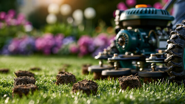 Low-angle shot of a lawn aerating machine extracting small pale soil cores from a compacted bright lawn surface, cores lying neatly on the vivid grass in full sunlight, defocused