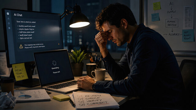 Tired professional reviewing inaccurate AI generated content during late night work