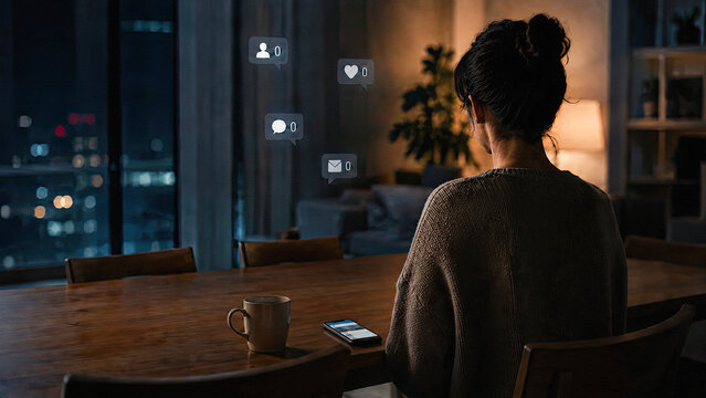 Woman experiencing digital loneliness and social media addiction alone at night