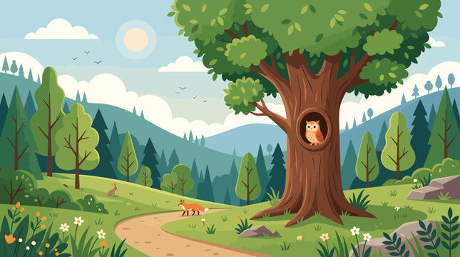 Whimsical treehouse, cartoon forest, green landscape, sunny scenery