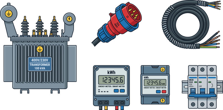 Electrical power equipment collection, transformer energy meter circuit breaker industrial plug and cable for engineering industry vector illustration set