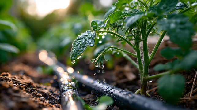 Close-up of a soaker hose threading between rows of vivid young tomato plants in a sunlit raised bed, water pearling brightly on green stems, warm sunlit soil surrounding the