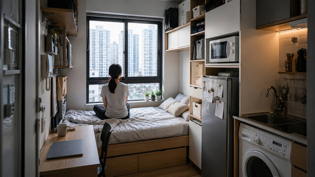 Young woman living in compact micro apartment with urban city view
