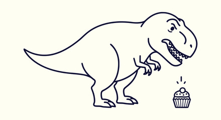 Angry T-Rex Dinosaur Staring at a Delicious Cupcake Minimal Line Art Style Cartoon Illustration © Vectorus