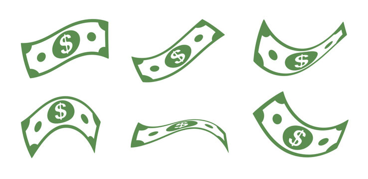 Green dollar bills flying and falling, representing money, finance, and wealth.