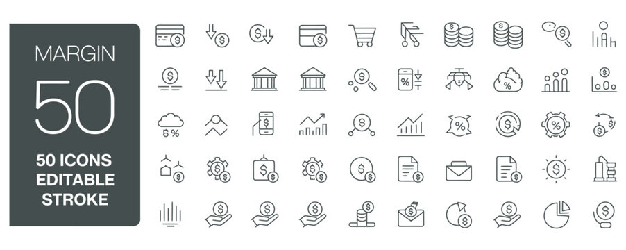 A comprehensive set of 50 margin-related business icons, depicting financial transactions, growth, and calculations for modern finance.