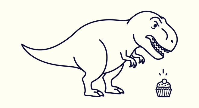 Angry T-Rex Dinosaur Staring at a Delicious Cupcake Minimal Line Art Style Cartoon Illustration