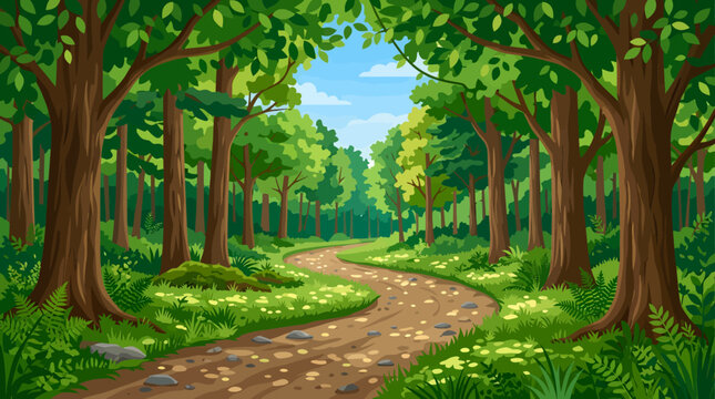 Serene forest landscape, winding dirt path, green trees, sunny day, nature scenery, vector illustration