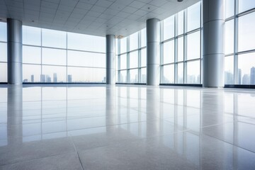Naklejka premium Empty wide open office space with large windows overlooking a city skyline
