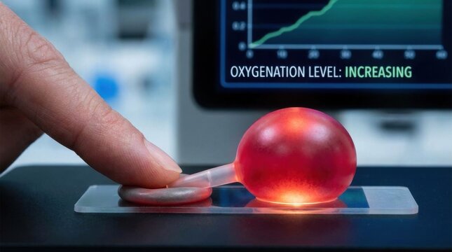 Gloved hand monitoring an illuminated biological cell on a microscope slide during a crucial oxygenation level experiment
