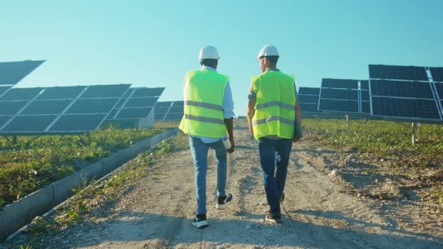 Maintenance crew checks photovoltaic installations while demonstrating teamwork and environmental responsibility