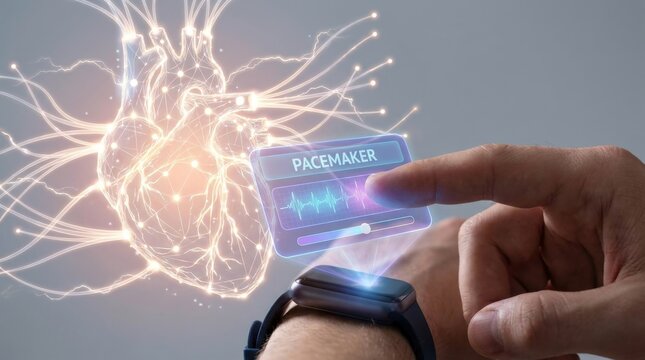Human hand activates a smartwatch displaying a digital pacemaker interface with an abstract glowing heart in the background