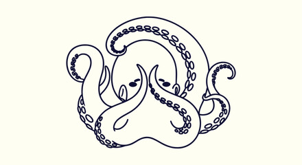 Stylized hand drawn minimalist line art illustration of an octopus with curling tentacles and eyes. © Vectorus
