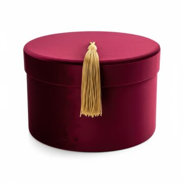 A red velvet hat box with a gold tassel on the front