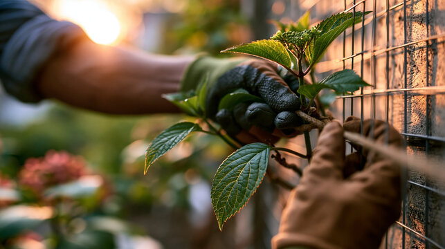 A gloved hand threading a soft plant tie through wire mesh to secure a young climbing hydrangea stem against a sun-drenched garden wall, the wall warm and textured in the