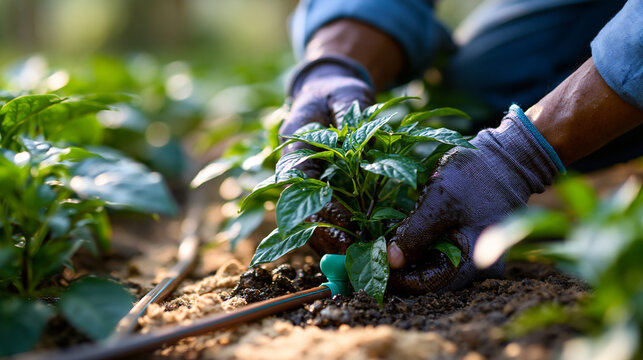 Gloved hands installing a drip irrigation emitter into sunlit soil between vivid green pepper plants in a bright vegetable bed, the thin tubing running along warm sunlit pale soil