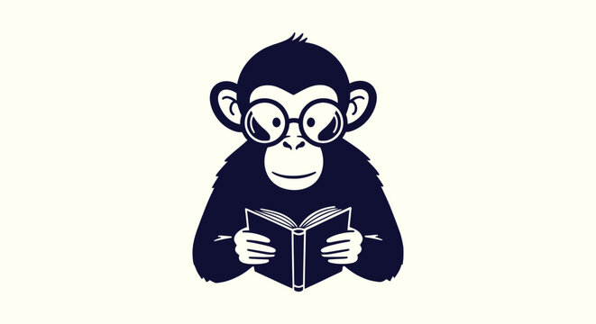 Intelligent monkey character wearing glasses reading a book minimalist vector illustration graphic