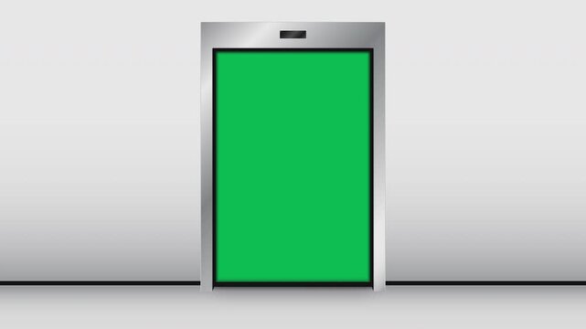 Silver elevator door opening and closing animation with green screen placeholder inside lift. 4K animated lift door for transitions, placeholder, explainer videos, video editing, and motion graphics.