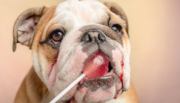 Close up portrait of a young buldog with a lollipop in mouth 