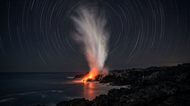 Volcanic eruption occurs on rocky coastline at nighttime ocean view