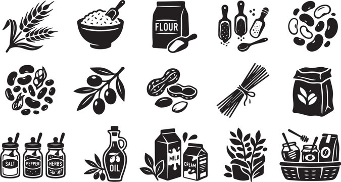Essential Kitchen Pantry Staples and Organic Food Ingredients Icon Set for Healthy Cooking and Culinary Grocery Concepts