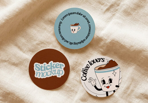 Round Sticker Set on Fabric Surface Mockup