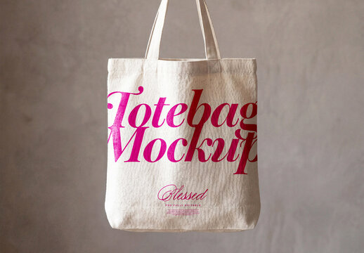 Canvas Tote Bag Hanging on Wall Hook Mockup