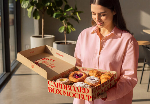 Woman Holding Open Pastry Box in Bakery Scene Mockup