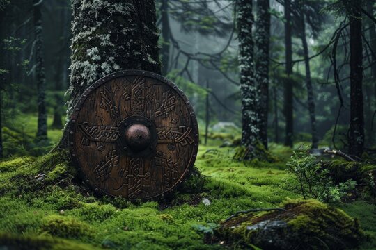 Wooden viking shield with umbo and engraved knotwork design, leaning on a tree in a mossy forest